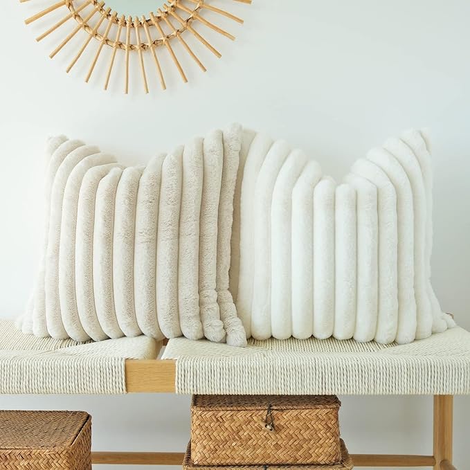 JOJUSIS Pack of 2 Faux Fur Plush Decorative Throw Pillow Covers Couch Cushion Case Soft Pillowcases (Beige, 18 x 18 Inch)