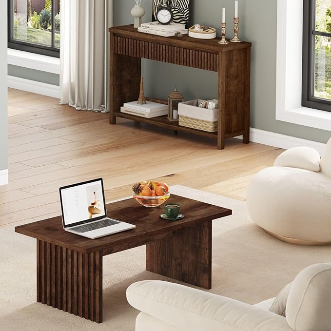 BON AUGURE Coffee Table for Living Room, Farmhouse Wood Center Table, Rectangle Mid-Century Living Room Tables, Unique Fluted Panel Coffee Tables (Rustic Oak, 43Inch)