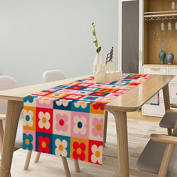 Retro Floral Checkered Table Runner Vintage Gardern Flowers Groovy Trendy Hippie Grid Farmhouse Country Dinner Runner for Home Kitchen Dining Table Party Holiday Decor 13"x36"