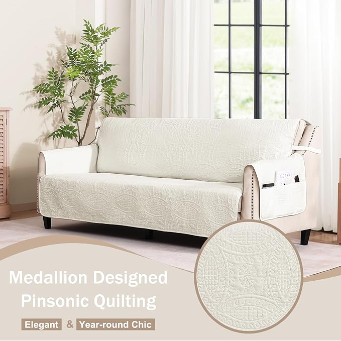 Soft Quilted Couch Cover with Pockets for Extra-Large Sofa, Anti-Slip Sofa Covers Washable for 3 Cushion Pet Friendly Medallion Oversized Sofa Cover Water-Repellent (X-Large Sofa 78", Ivory White)