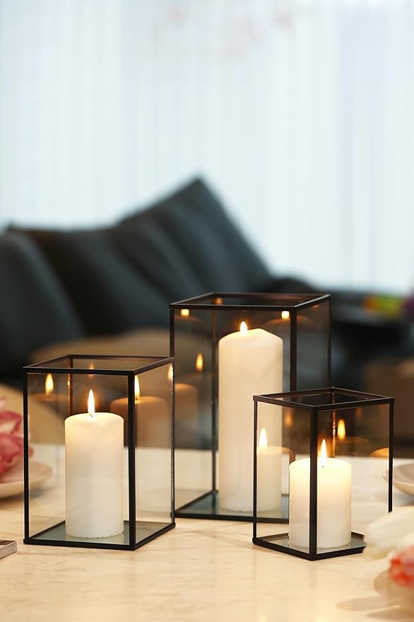 PHOSPHOR Hurricane Glass Candle Holder Set of 3 Pieces Black Hurricane Candleholders for Wedding Party Holiday Birthday Home Decor Lanter