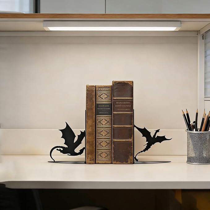 Dragon Metal Bookends for Shelves, Gothic Black Metal Decorative Book Ends, Heavy Duty Rustproof Book Stoppers for Home Office & Study Desk, Ideal Gift for Dragon Lovers & Book Lovers