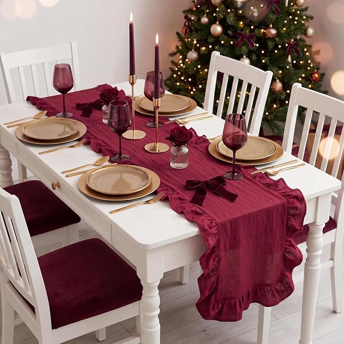 Burgundy Ruffled Table Runner 72 Inches Long Scalloped Table Runner Rustic Cotton Tabletop Farmhouse Decor for Christmas Bride Shower Birthday Party Holiday Wedding(Solid Color)