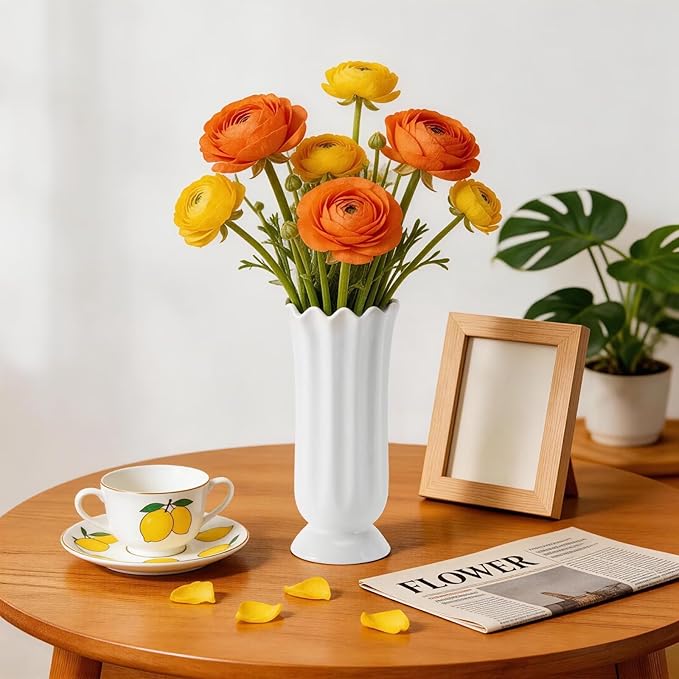 8 Inch White Ceramic Flower Vase, Modern Decorative Vase for Pampas Grass Dried Flowers, Home Decor Vase for Living Room Table, Kitchen Shelf, Wedding Centerpiece