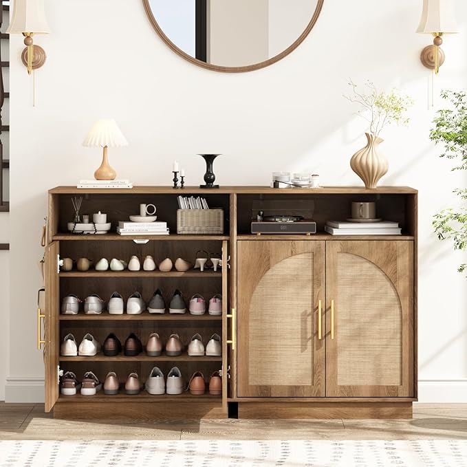 HOKYHOKY Rattan Shoe Storage Cabinet with 2 Arched Doors, 5-Tier Deep Shoe Organizer with Adjustable Shelves, Farmhouse Boho Shoe Rack Cabinet for Entryway,Rustic Oak