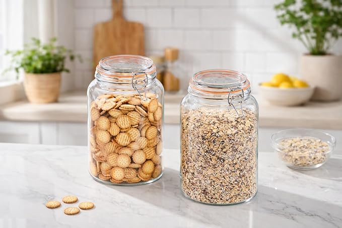 1 Gallon Wide Mouth Glass Jars, Airtight Leakproof Canisters with Lids, Clear Food Storage Containers for Pantry Kitchen, Great for Flour Sugar Rice Dry Goods, Pickling Fermenting, 2 Pack