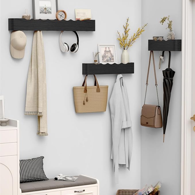 Coat Rack Wall Mount with Hidden Hooks, Wall Hooks with Shelf, Wall Key Holder Mount Wooden Shelf Entryway Hooks for Bedroom Bathroom for Hanging Coats Hats Bags Towels (Black Wave-Shape, 5 Hooks)