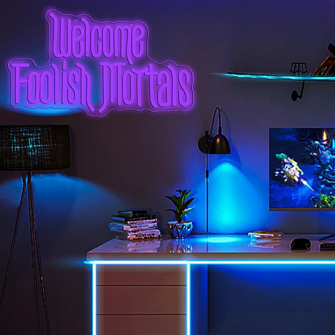 Welcome Foolish Mortals Neon Sign,Dimmable Spooky Gothic Purple Haunted Mansion Coffin LED Neon Signs for Wall Decor,USB Powered Led Neon Light for Haunted House Man Cave Halloween Party Birthday Gifts