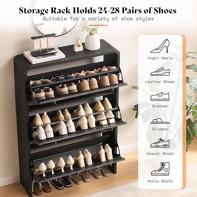 AMERLIFE Shoe Cabinet with 3 Flip Drawers, Fluted Shoe Organizer with Adjustable Shelf for Space-Saving, Freestanding Shoe Storage Rack for Entryway, Hallway, Black