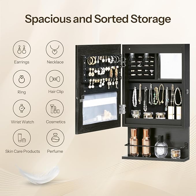 HOOBRO Wall Mounted Jewelry Cabinet, LED Jewelry Armoire with Interior Mirror, Hanging Jewelry Organizer for Wall, Lockable Jewelry Storage Cabinet, 3.9 x 11.8 x 20.9 Inches, Black