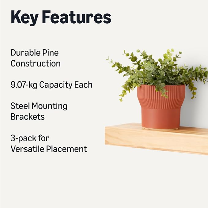 Amazon Basics Wood Floating Wall Shelves, 3-Pack, Pine, 15.8" x 5" x 1.8", Natural Wood Finish