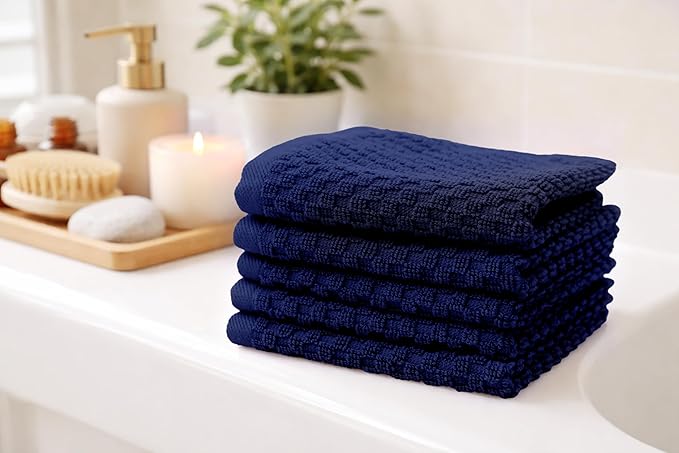 COTTON CRAFT Waffle Weave Wash Cloth - 12 Pack Luxurious Pure Ringspun Cotton Euro Spa Bathroom Face Towel - Absorbent Quick Dry Gym Shower Bath Kitchen Travel - 12x12 inches - Navy