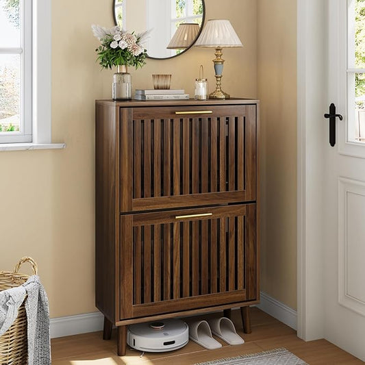Smart FENDEE Shoe Cabinet Storage for Entryway with 2 Flip Drawers, Slatted Shoe Cabinet with Golden Handle, Wooden Hidden Shoe Rack Freestanding Narrow Slim Shoes Organizer for Hallway, Entrance