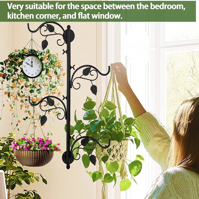 Rotating Window Plant Hanger Indoor and Outdoor, 4-Tier Wall Planters for Indoor Plants, Heavy-Duty Swivel Hanging Bracket, Hanging Plant Holder for Flower, Lamp, Bird Feeder and Wind Chime(Black)