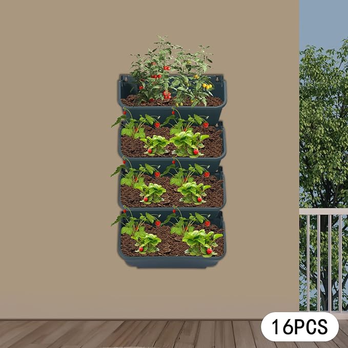 Vertical Wall Planter with 16 Pots, Hanging Garden Plant Flowerpot Holder, Stackable Wall-Mounted Planter, Balcony Planters for Flowers Vegetables Fruits (Army Green, 16 Pots)