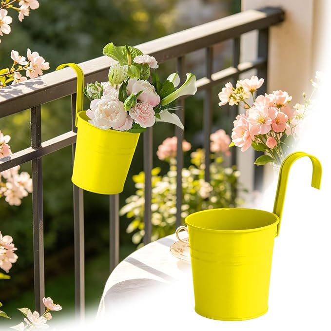 Hanging Flower Pots For Railings, Hanging Galvanized Metal Flower Pot with Hook, Tinplate Hanging Buckets for Garden Balcony Flowers, Colorful Planter for Flowers Grasses and Succulents (Yellow)