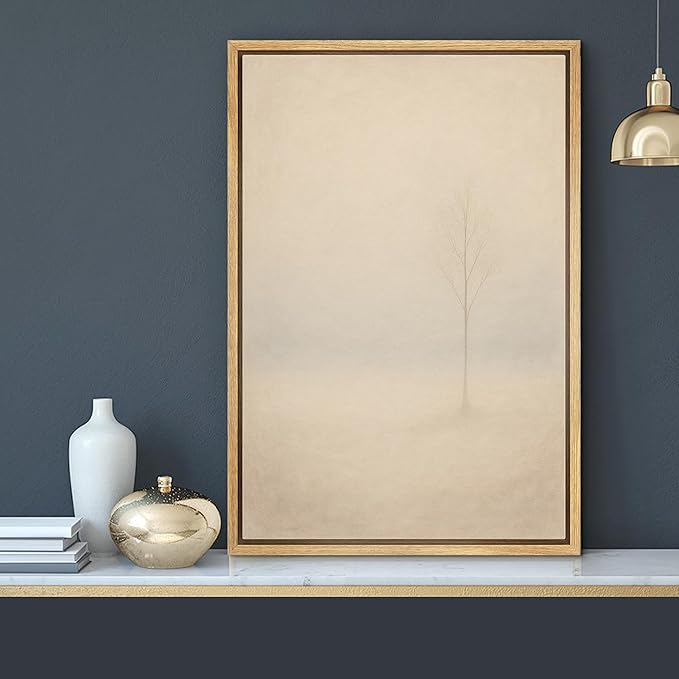 MUDECOR Framed Canvas Print Wall Art Lone Tree in Soft Fog Minimalist Neutral Landscape Illustrations Minimalism Decorative Bohemian Colorful Zen for Living Room, Bedroom, Office - 24"x36" NATURAL