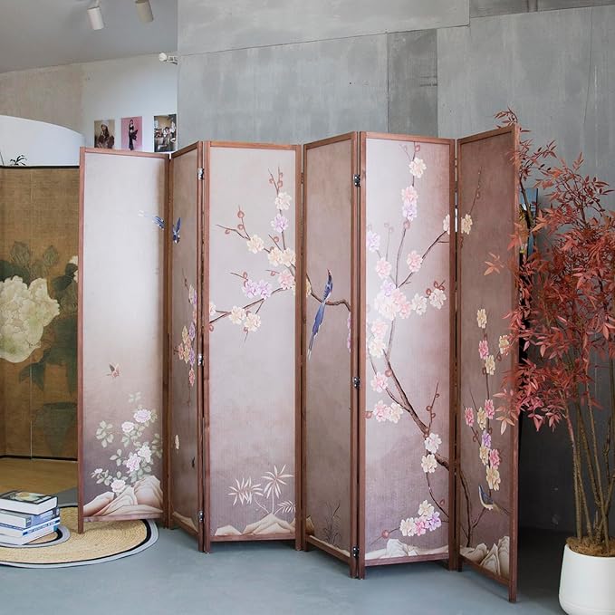 Furnnylane 6 Panel Room Divider for Room Separation, 5.6 ft Tall Double Sided Blackout Folding Privacy Screen - Freestanding Wall Partition with Plums and Birds Scenery for Home Office (67"H x 94.5"W)