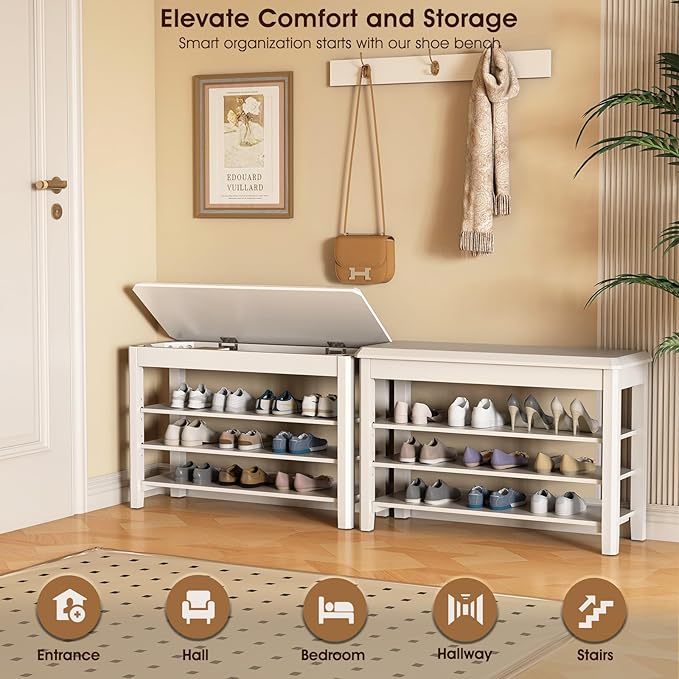 IUNVR Shoe Rack Bench Seat Rubberwood 3-Tier Wooden Storage Bench 550lbs Compact Mid-Century Modern Design for Entryway, Hallway, Closet, Front Door Entrance, Foyer