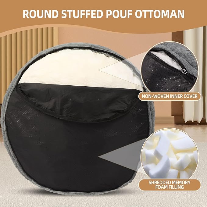 Round Stuffed Pouf Ottoman Foot Rest for Couch Round Ottoman with Foam Chunk Filling Stripe Faux Fur Ottomans for Living Room Floor (26"x18",Dark Grey)