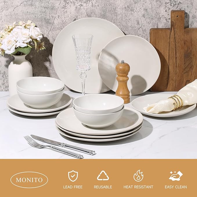 Ceramic Dinnerware 12 Pieces glazed cream white Dinner Set,Plates Pasta Bowls Cereal Bowls Reactive Change Glaze Dish Sets, Modern Stoneware Dishe (glazed cream white)