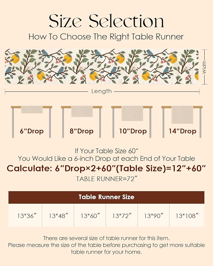 Canvas Embroidered Table Runner - 13"x 108" Coffee Table Runner for Living Room Boho Tablerunner for Dining Room Washable Farmhouse Kitchen Island Counter Decor Housewarming Gift, Lemon Bird