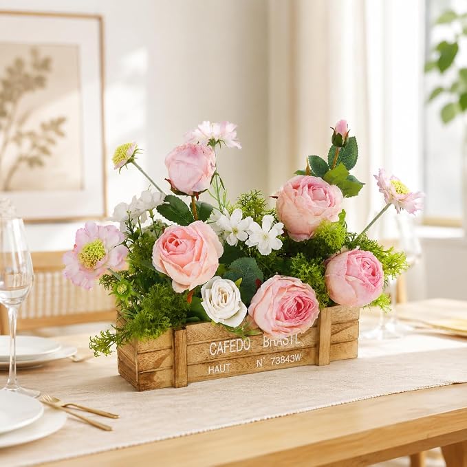 Centerpieces for Tables, Artificial Floral Centerpieces for Dining Table in Rustic Wooden Box, Pink Rose & Daisy Arrangement with White Roses Greenery for Farmhouse Kitchen Living Room Decor