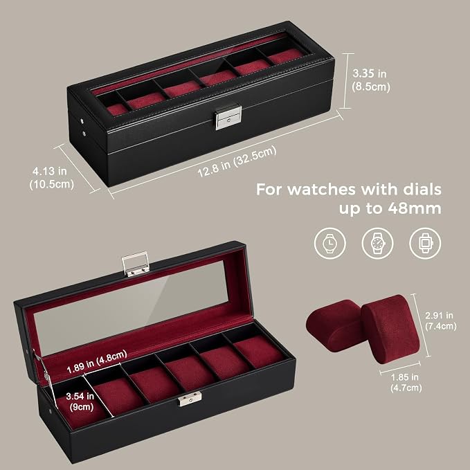 ProCase 6 Slot Watch Case Box for Men, PU leather Man Watch Organizer with Soft Pillow, Lockable Watch Collection Storage Holder with Glass Display Lid, Fathers Day Gift for Dad -Winered