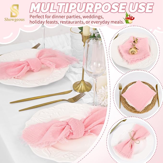 Showgeous 10 Pack Pink Cloth Napkins with Fringe 16x16 inch 100% Cotton Pink Napkins Handmade Dinner Napkins Bulk Washable Soft Rustic Table Napkins for Wedding Parties Bridal Baby Shower