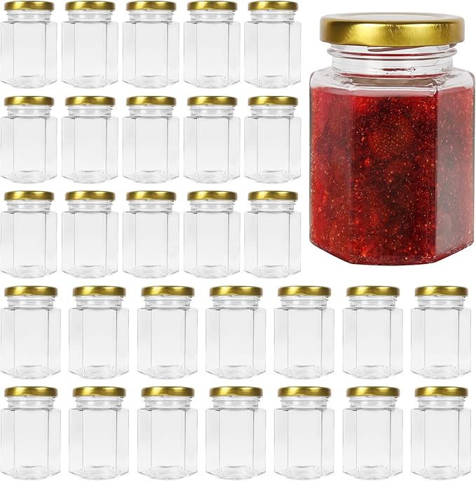 4 oz Hexagon Glass Jam Jars with Gold Lids,30 Pack Canning Jars for Jams,120ml Small Glass Honey Jar for Food Storage,Spices,Sauces,Baby Foods,Wedding Favors and Jars Crafts