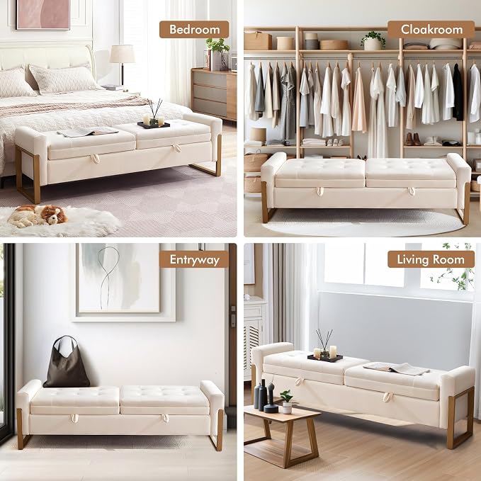 67" End of Bed Bench King Size, Velvet Storage Bench for Bedroom Foot of Bed, Double Lids Storage Bench with Golden Legs, Upholstered Ottoman Bench for Living Room Window Entryway, Cream
