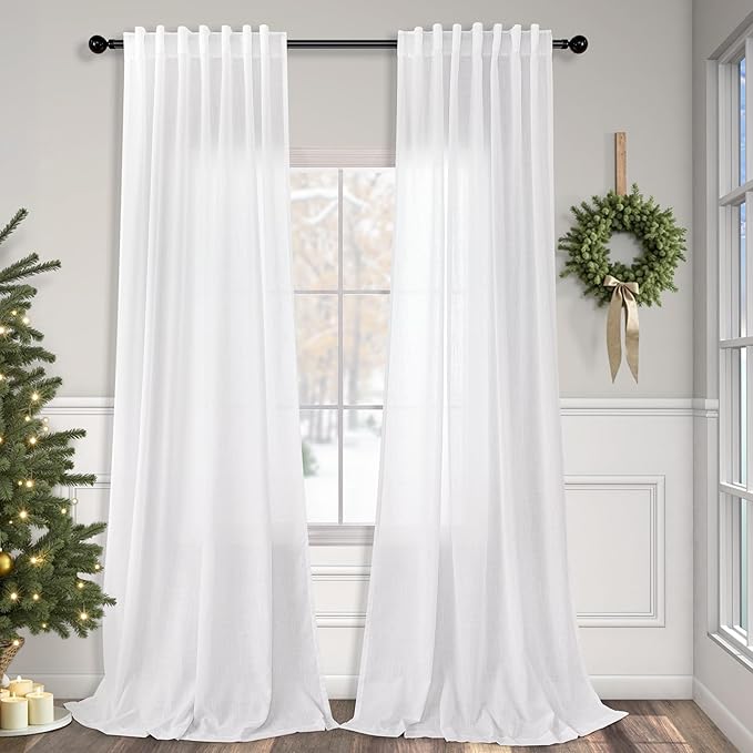 Pitalk White Linen Curtains 95 Inches Long 2 Panel Set for Living Room Back Tab Light Filtering Cotton Lace Textured Linen Sheer Curtains Drapes for Patio Door Doorway Playroom Bay Window 52x95 Length