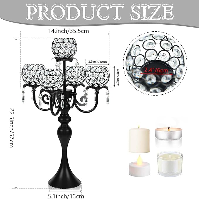 Set of 4 Crystal Tea Light Candle Holders - 22.5" Tall Metal & Crystal Centerpiece with Weighted Base for Birthday Valentine Dinner Table Decor- Matte Black