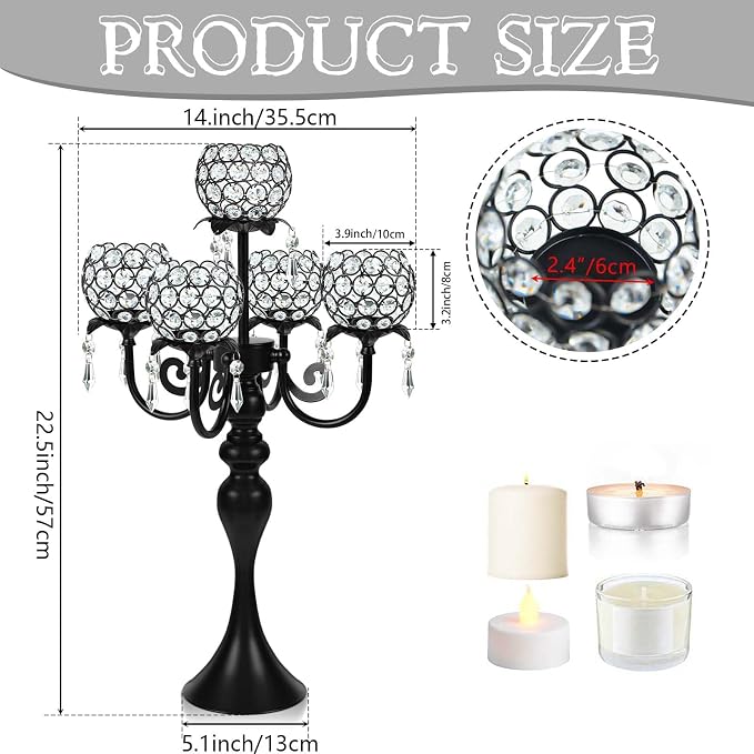 22.5" Black Metal & Crystal Tea Light Candle Holder - Wedding, Party Centerpiece for Events, Decorative Chandelier (1, Black)