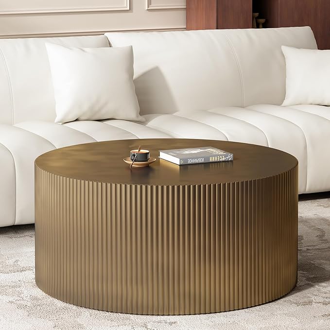 35.83" Gold Round Coffee Table, Minimalist Wave Stripe Modern Round Table, Drum Circle Coffee Tables for Living Room,Office Apartment,Gold