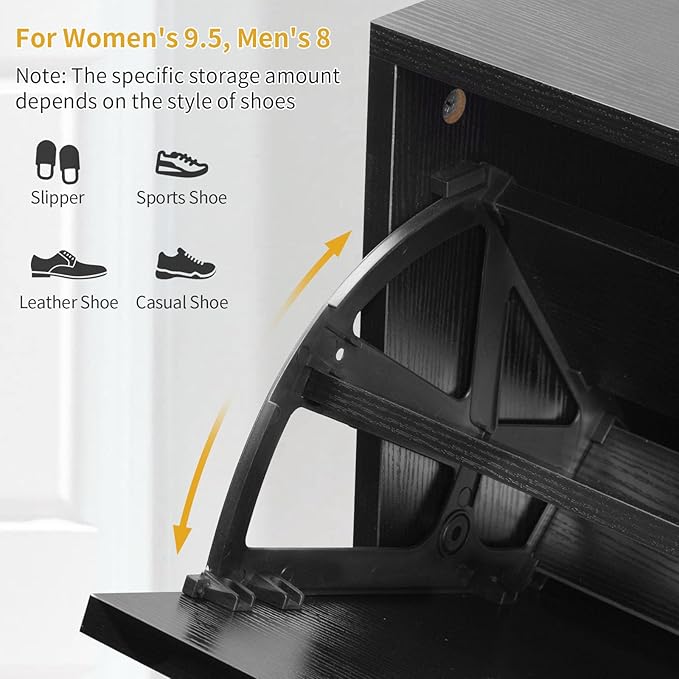 Angel Sar Rattan Shoe Cabinet, Slim Shoe Storage Cabinet for Entryway with 2 Flip Drawers, Adjustable Shelves, Golden Handles & Sturdy Metal Legs, Storage Organizer for Entryway, Hallway, Black