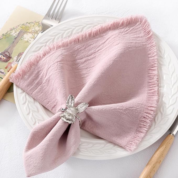DeZerlor 6 Pack Pink Cotton Linen Napkins with Fringe Summer Cloth Napkins Set of 6 Boho Handmade Dinner Napkins Bulk for Wedding Bridal Baby Shower Parties, 17 x 17 Inches