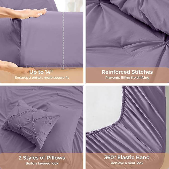 Sasttie California King Comforter Set, 7-Piece Bed in a Bag, Pintuck Bedding Sets for All Season, Includes Comforter, Flat Sheet, Fitted Sheet, Pillowcases and Pillowshams, New Purple