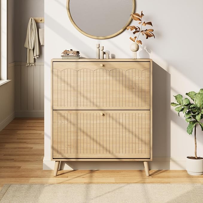 Nicetree Shoe Cabinet Storage for Entryway, 2-Flip Drawer Narrow Shoe Rack with 3-Level Adjustable Shelves, Slim Wood Storage Cabinets for Small Spaces Luminous Natural Oak