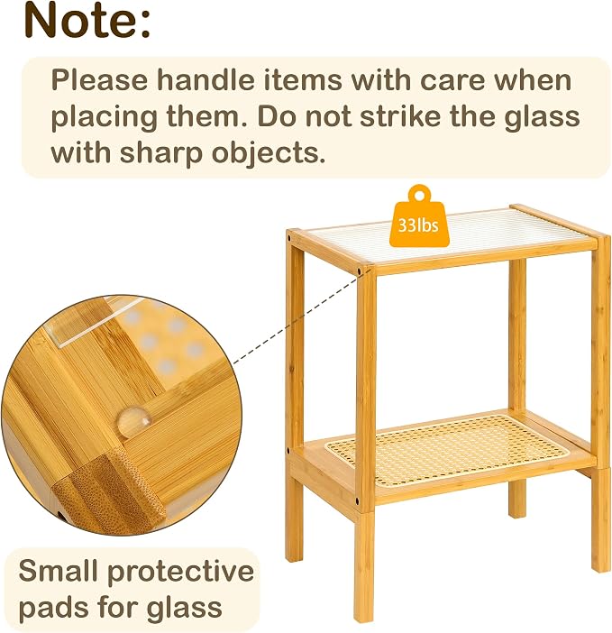 2-Tier Bamboo Side Table, Modern Glasstop Rattan Side Table, Mid Century Wood Sofa-Side End Tables for Living Room, Bedroom Night Stand with Storage, Small Narrow Coffee Tables, Burlywood