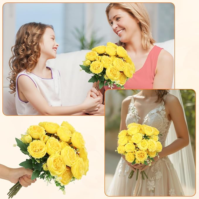 16 Pack Yellow Peonies Artificial Flowers, Fake Silk Hydrangea Bouquet for Bridal Wedding Home Table Decor Reusable Dining Opening Ceremony Birthday Arrangement Faux Floral