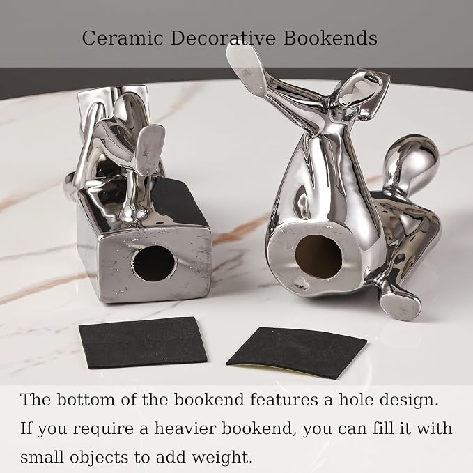 Ceramic Decorative Bookends, Book Ends for Shelves, Home Office Decor Aesthetic Statues Book Holders Stoppers for Bookshelf, Table, Bedroom Living Room Decoration (Silver)