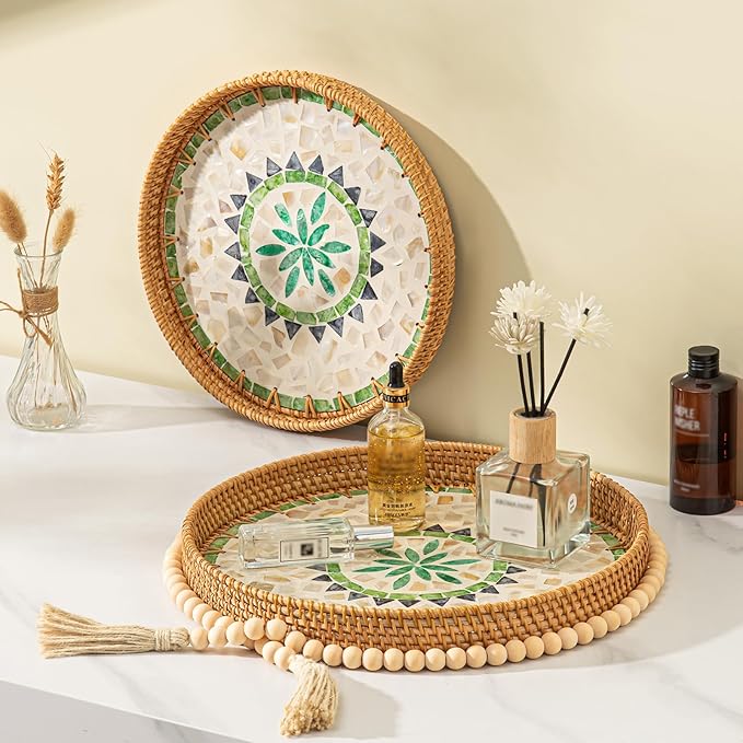 14 inch Round Rattan Tray Home Decor, Wicker Serving Tray with Mother of Pearl Inlay, Boho Decorative Tray for Coffee Table, Display, Ottoman, Kitchen Table, Bathroom (Green)