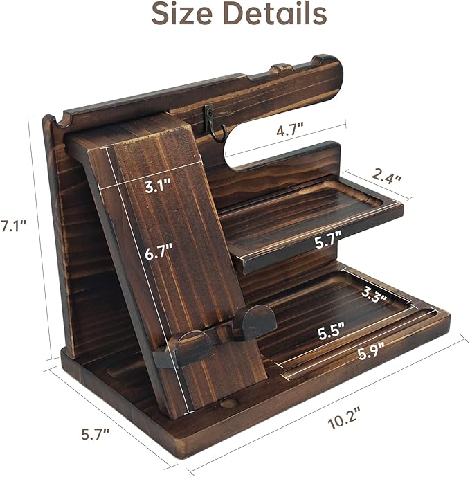 Gifts for Men Wood Phone Docking Station Birthday Gift for Men Valentines Day Gifts Father Gift for Him Boyfriend Nightstand Organizer Desktop Phone Stand (Update Brown)