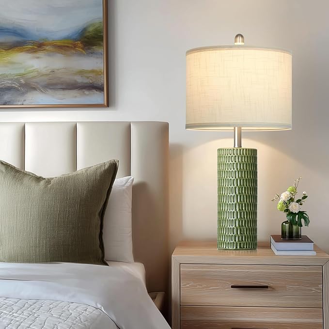 Cinyirong Modern Ceramic Table Lamps for Night Stands - Bedside Lamps Set of 2 for Nightstand, 27" Green Elegant Bedroom Lamp for Night Stand Desk Side End Table Home Decor(2 Bulbs Included)