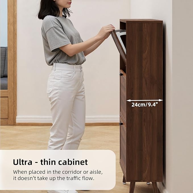 Fsbecl Shoe Storage Cabinet for Entryway with 3 Flip Drawers, Narrow Shoe Organizer with Fluted Panel, Freestanding Wood Hidden Shoe Cabinet for Hallway (Walnut, 23.6''W, Double Layer)