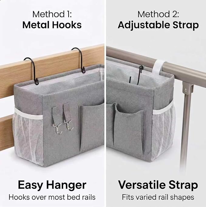 1pc Bedside Caddy Organizer with Hooks, No-Sagging Canvas Hanging Bed Pocket with Water Bottle Holder, Bedside Storage for Dorm Room Essentials, Bunk Bed Accessories, Hospital Bed Rails & Crib (white)