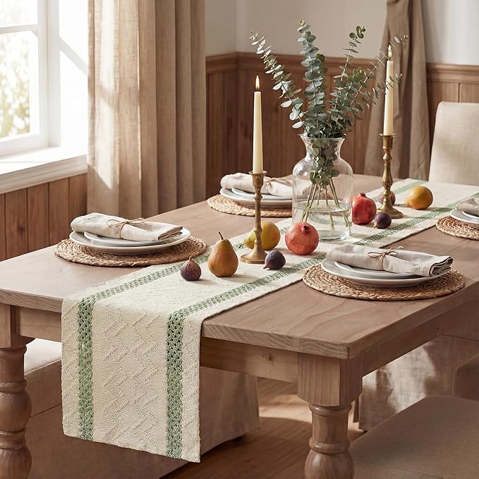 Artoid Mode Sage Green Stripe Woven Table Runner, Seasonal Holiday Hollow Kitchen Dining Table Decoration for Home Party Decor 12x108 Inch