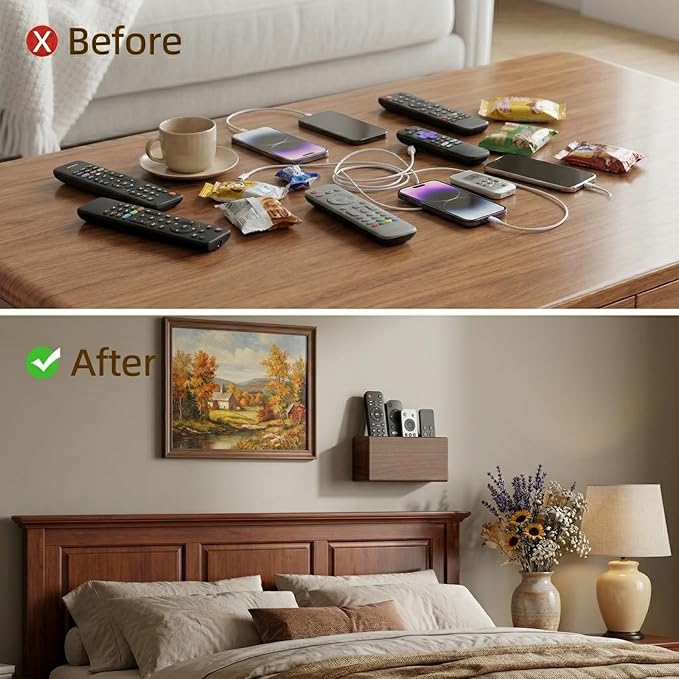 Wall Mount Remote Control Holder, Dark Walnut Wood TV Remote Organizer & Phone Caddy, No-Drill Space-Saving Wall Storage for Living Room, Office, Bedroom and Bedside