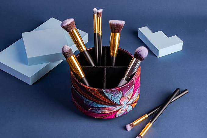 Round Leather Art Supply Organizer,Remote Control Holder,360 Degree Rotating,Multi-Functional Pencil Holder,4 Compartments Desktop Stationary Organizer(1-Fractal Flower) | Round, 360 Degree Rotating, Multi-Functional, Desktop